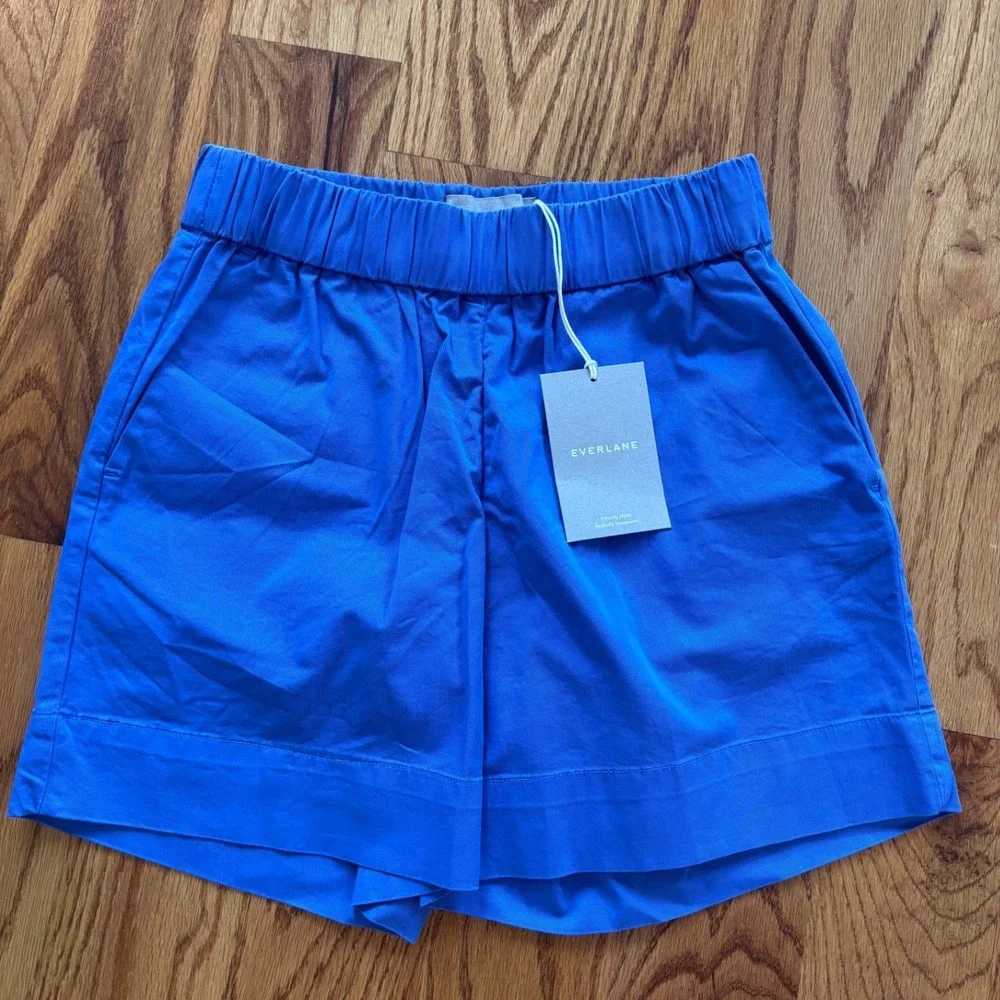 Everlane Easy Short Organic Cotton Elastic Waist Pull On Shorts 4 Blue NEW - Picture 2 of 7